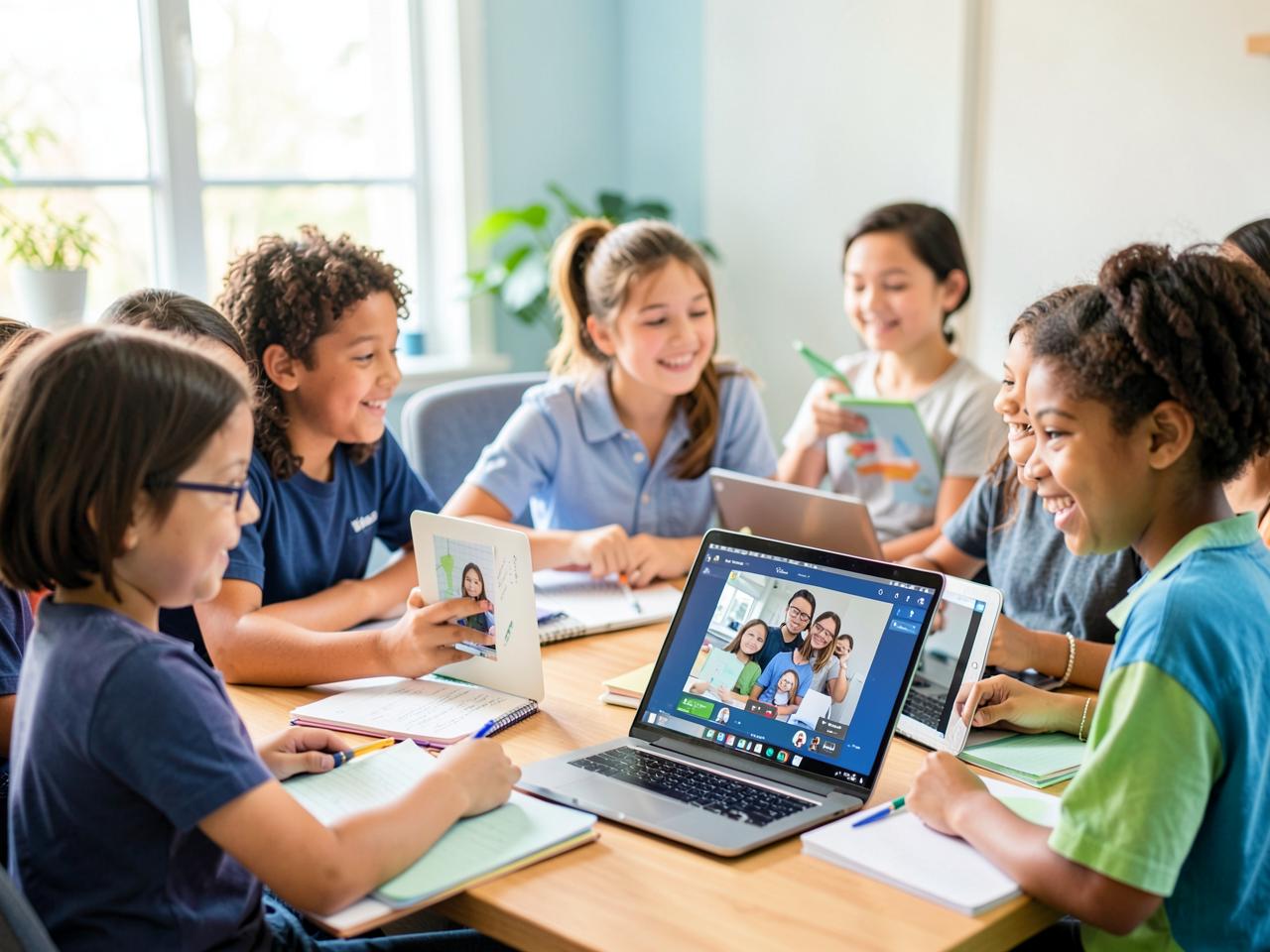 Diverse group of students learning together during an online tutoring session